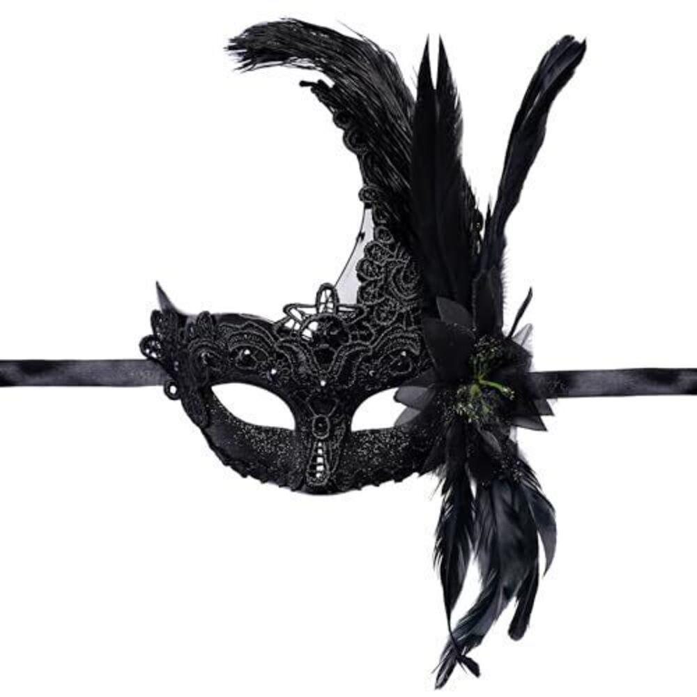 9514 Black Feather Masquerade Mask Feather Venetian Mask Cosplay Party